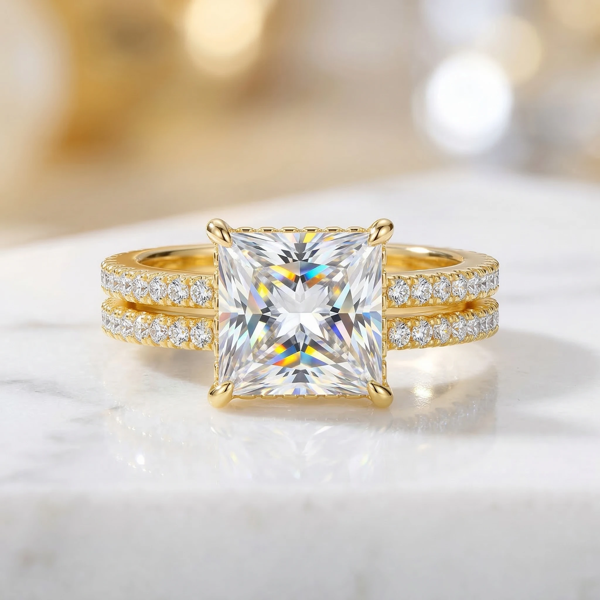 

Luxury 5CT Princess Moissanite Ring Two Row S925 Silver Gold Plated D VVS1 Brilliant Cut Promise Wedding Jewelry Gift For Her