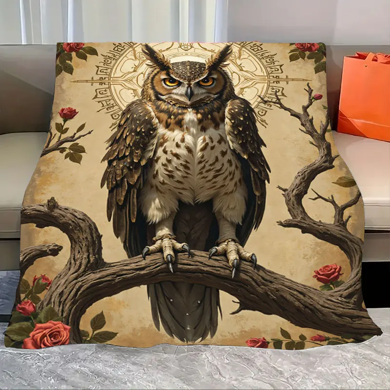 

1pc Flannel Blanket Vintage Owl on Branch with Roses Cozy Throw Blanket for Home Decor