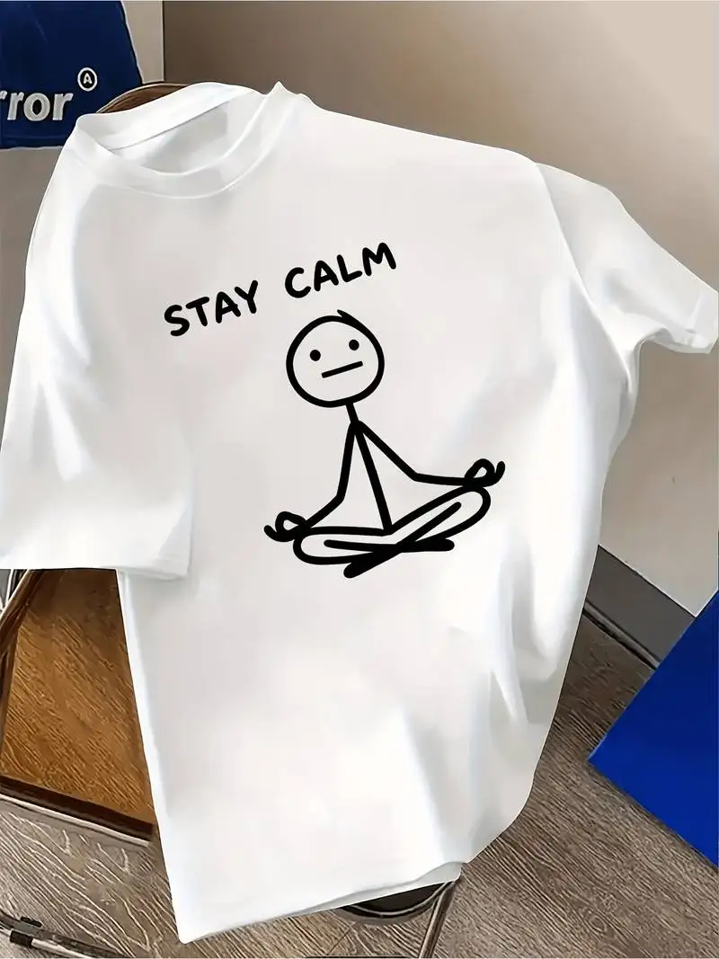 Easy Stick Figure Zen Attitude Individual Street Fun T-Shirt Men's Summer Print Tee Classic Round Neck Short Sleeve Versatile
