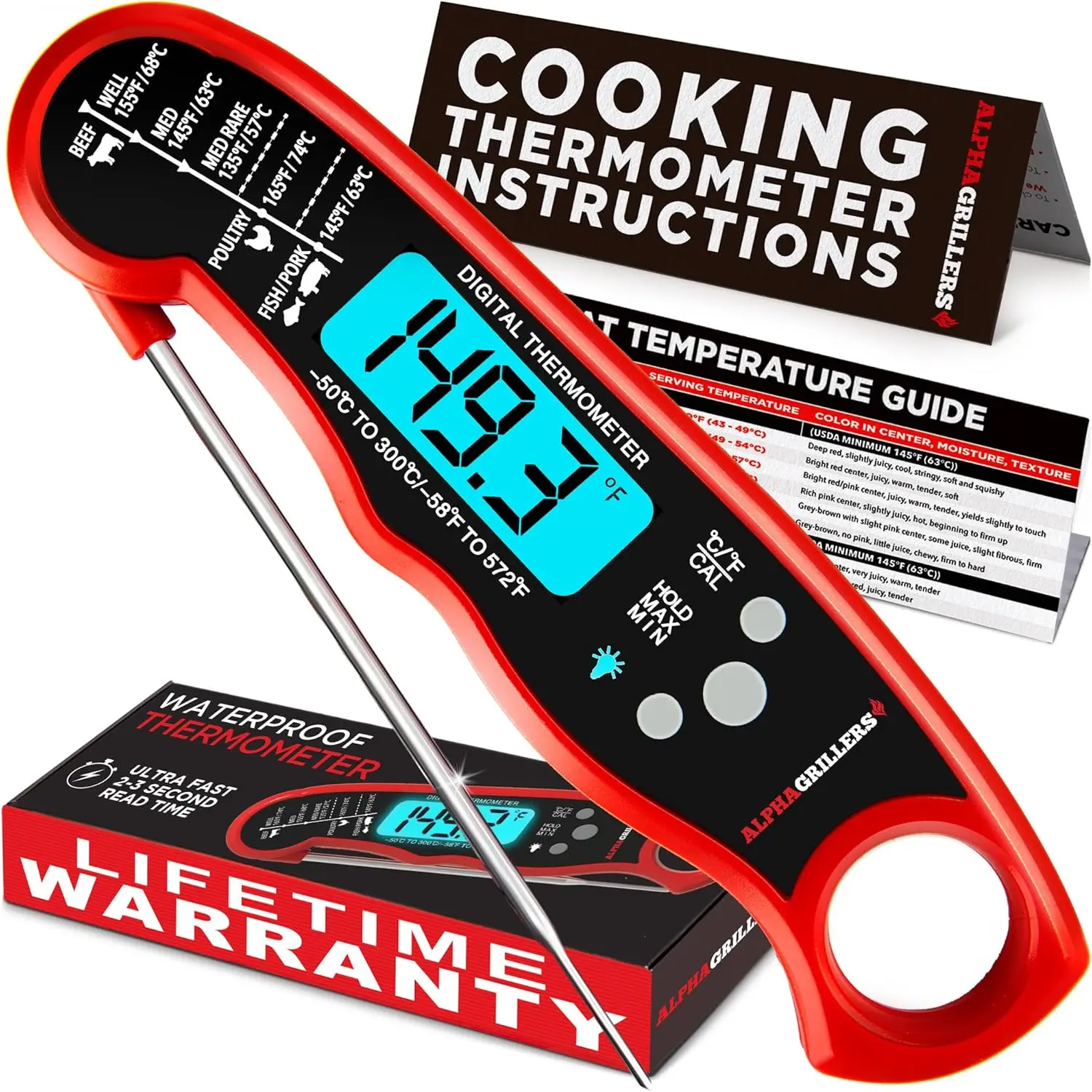 

Instant Read Meat Thermometer for Cooking Grill and BBQ Griddle - Waterproof w/Backlight & Calibration for Food,