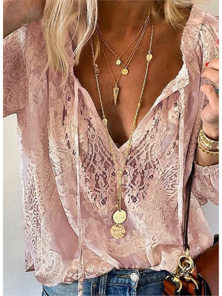 Women\'s Fashion Solid Sexy Hollow Out V-neck Shirt Top 2025 Autumn Lace Blouse Casual Loose Tops Office Lady Lace-up Top
