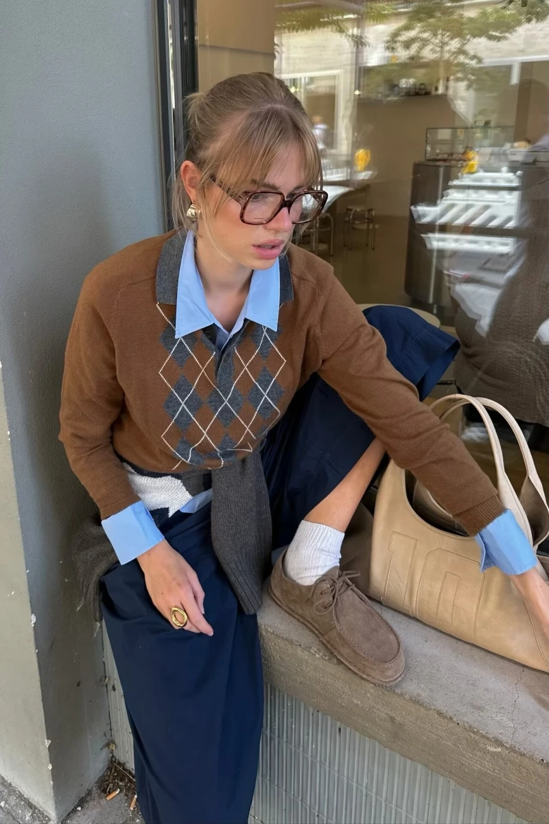 Женские винтажные коричневые свободные вязаные топы в клетку Argyle, женские повседневные пуловеры с воротником-поло и пуговицами, осенний новый женский трикотаж