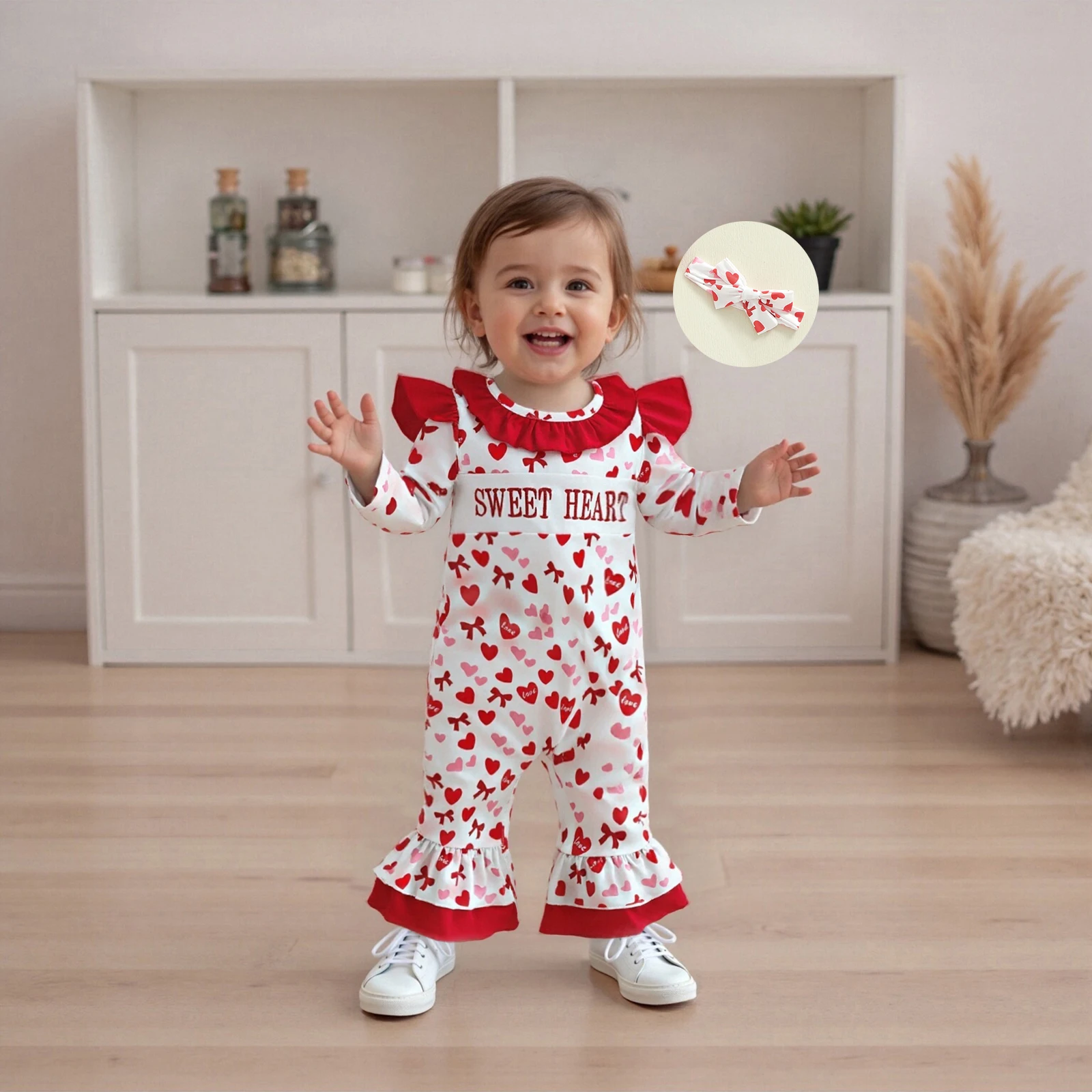 

Baby Girl Valentine’s Day Romper Outfit, Long Sleeve Heart Bow Print Jumpsuit with Headband Baby Spring Fall Clothes