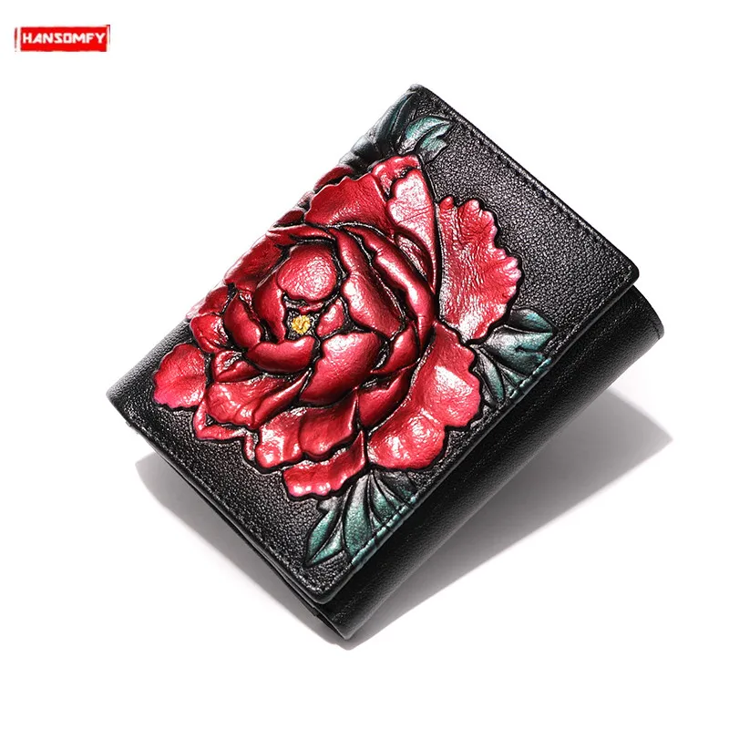 

Fashion New Mini Thin Women Wallets Clip Painted Flowers Bag Card Package Coins Purses Short Section Genuine Leather Female Soft