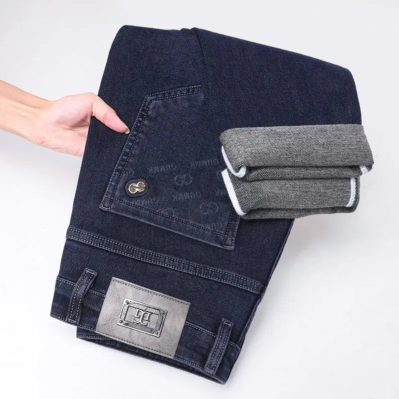 الخريف الشتاء الرجال سميكة عالية الجودة الدنيم مطاطا الجينز فليم مستقيم الساق عارضة الأعمال السراويل الأزياء السراويل الناعمة #5