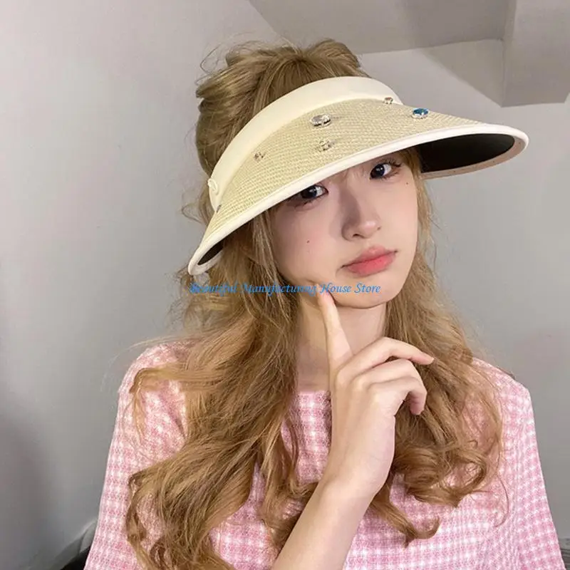 E56A y2k أحجار الراين قناع المرأة القش قناع جولف قناع الشمس قناع الشاطئ قناع قبعة الشمس #4