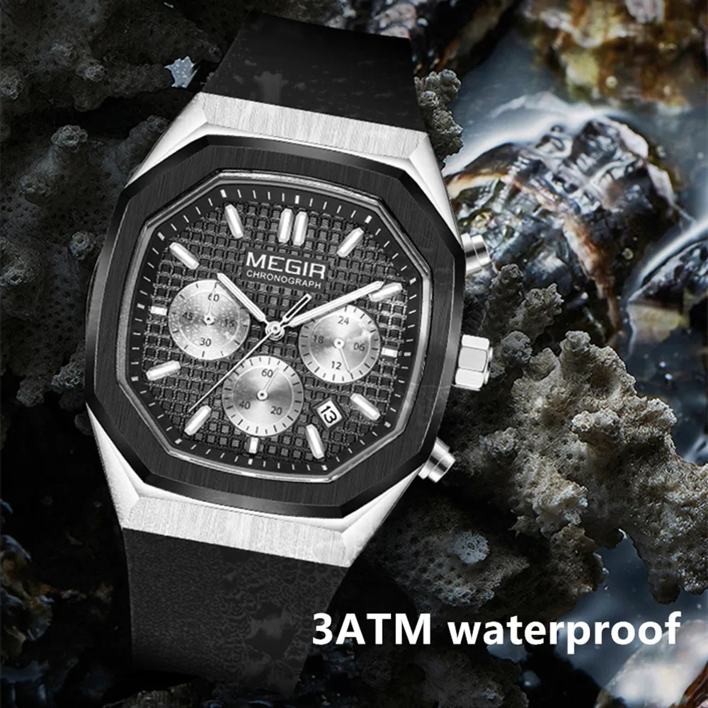 MEGIR хронограф модные спортивные военные часы для мужчин силиконовые водонепроницаемые кварцевые наручные часы часы с датой Reloj Hombre 2215