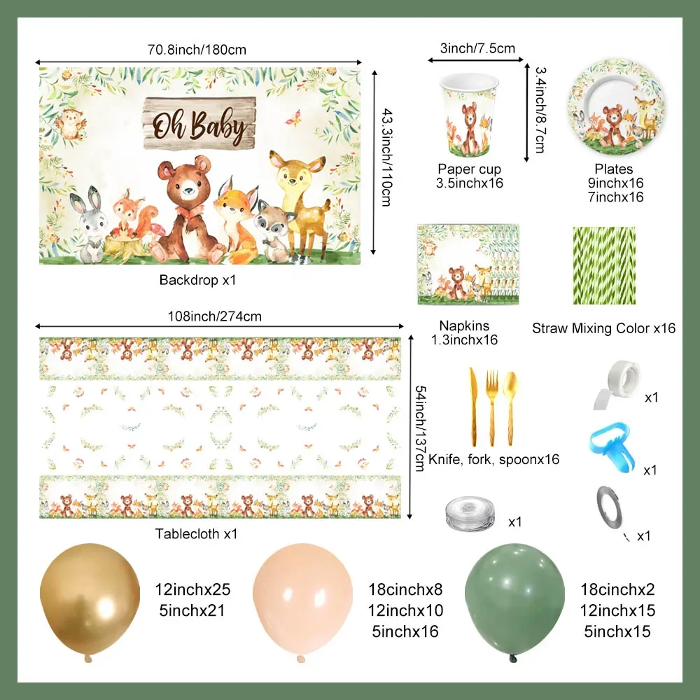 LS 246Pcs Jungle Animals Birthday Party Theme Set, Baby Shower 1st Birthday Decor Supplies, Wild Animal Sage Backdrop Tablecloth
