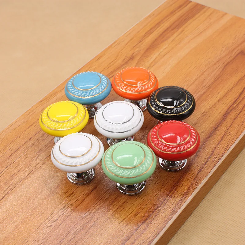 White Round Ceramic Handle, European Zinc Alloy Knob with Double Silver Lines, Single Hole Pull for Cabinet Drawer