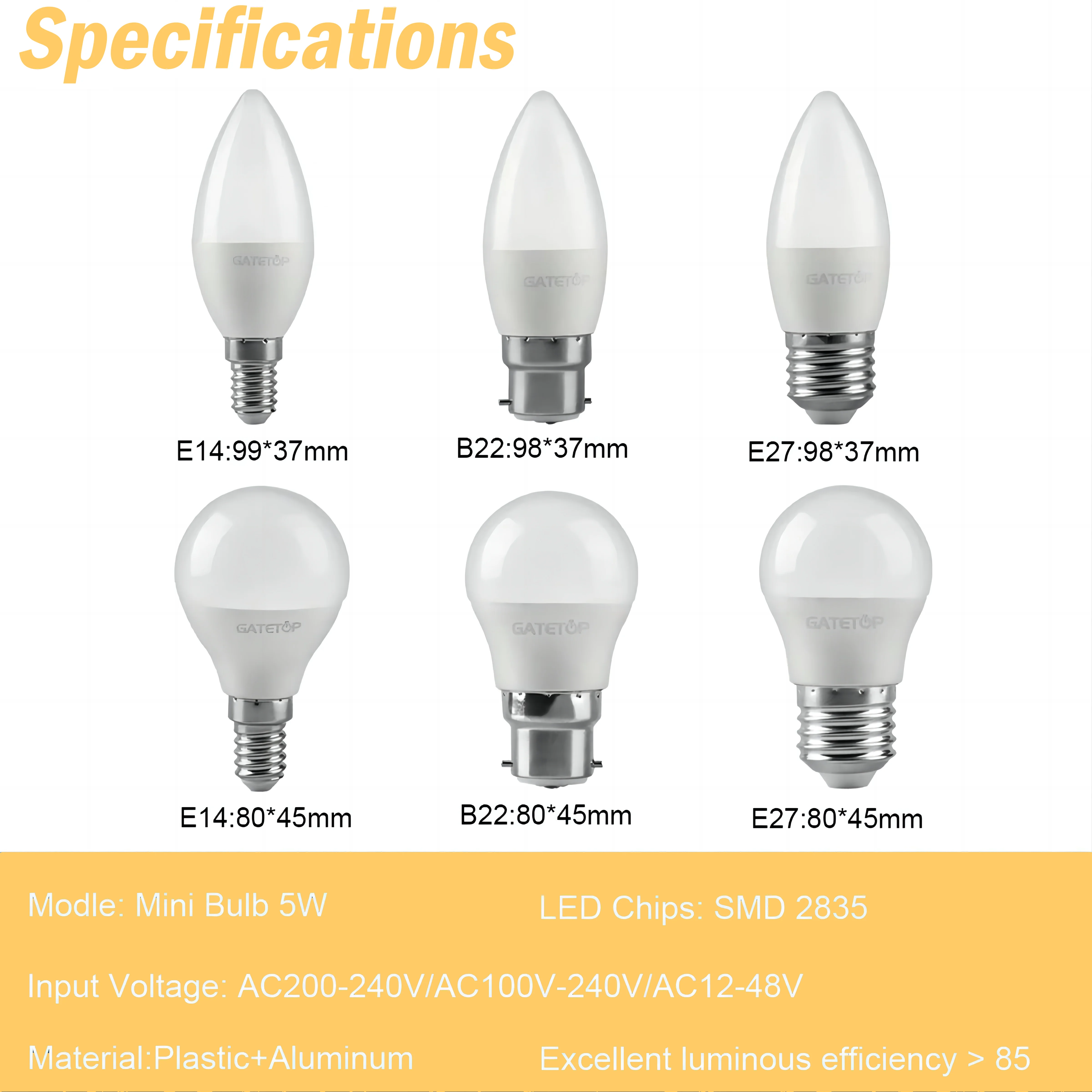 4PCS Energy-efficient LED bulbs G45 C37 E14 E27 5W AC230V AC110V AC12V 3000K/4000K/6000K Golf Bulb Lamp For Home Decoration