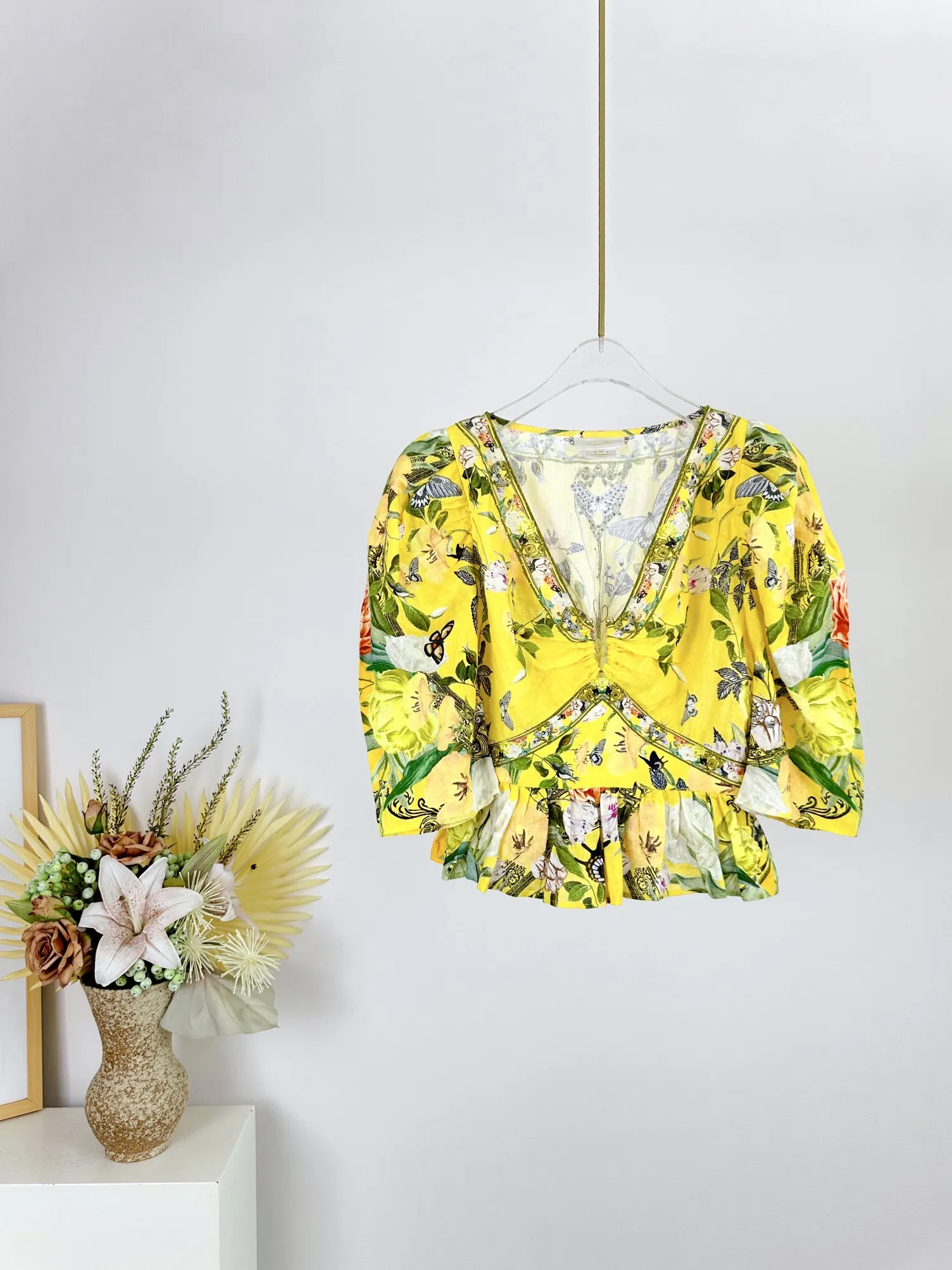 Women 100% Linen Yellow Flower Printed Half Sleeve V-Neck Beaded Blouse Or Shorts