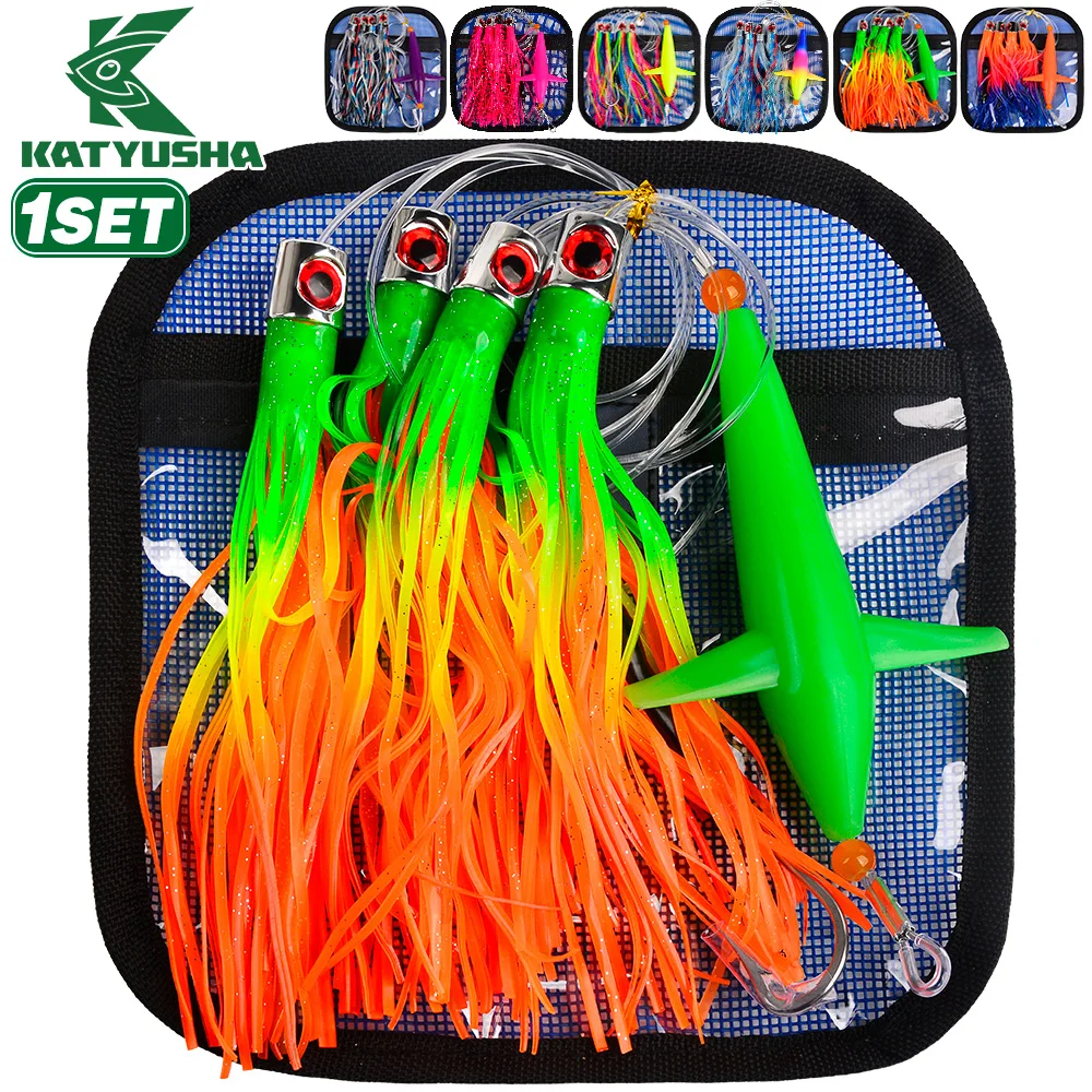 

KATYUSHA Flying Bird Lure Squid Skirt Soft Bait Towing Hook Set 13/17CM Artificial Swinging SwimBait Tuna Seawater Fishing Lures