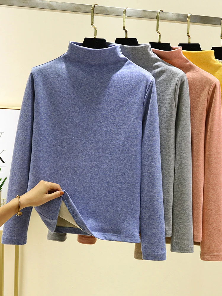 Thiened Fce f-High Collar Thermal T-Shirt Damen Winter Long Sve Base irt Dervo Sle Warm Top Damen Faion