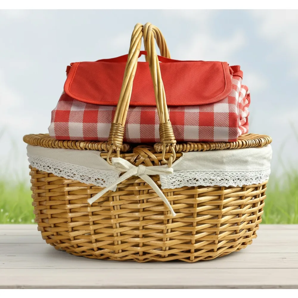 

Vintage Wicker Picnic Basket with Blanket, 15" Portable Hamper for Outdoor Camping Family Romantic Dates
