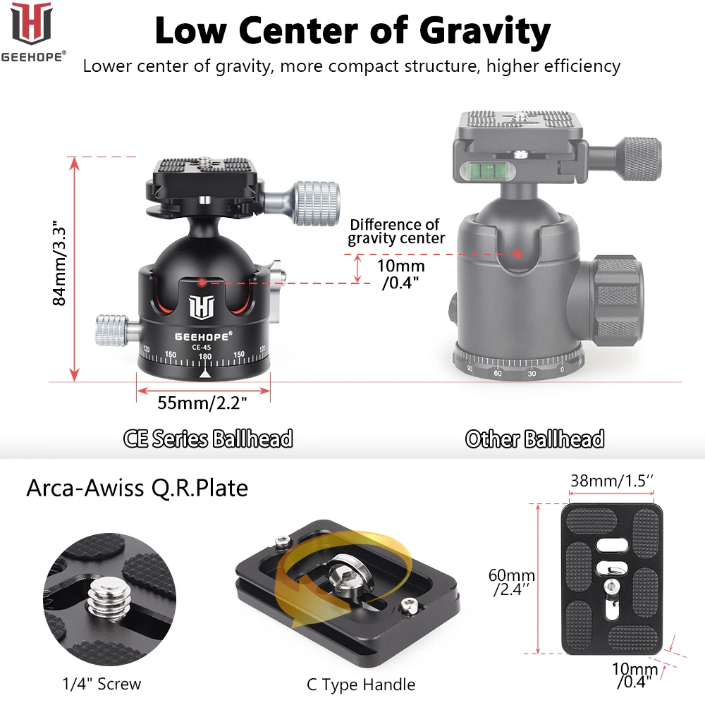 GEEHOPE-trípode CE-45 de bajo perfil, cabezal de bola panorámico Universal de 45mm para trípode, monopié, cámara Digital DSLR, carga de 25kg