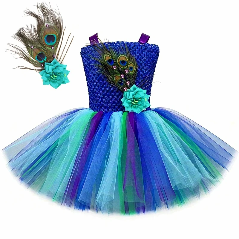 Dreamy Peacock Fairy Voluminous Tulle Gown Artificial Flower Feather Ornaments for Halloween Gathering Carnival Photography