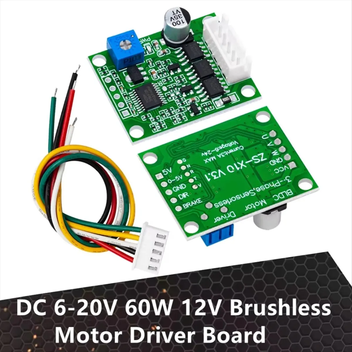 ABGN DC 6-20V 60W 12V Brushless Motor Driver Board BLDC Speed Controller 3-Phase Governor Hallless Switch Module with Cable