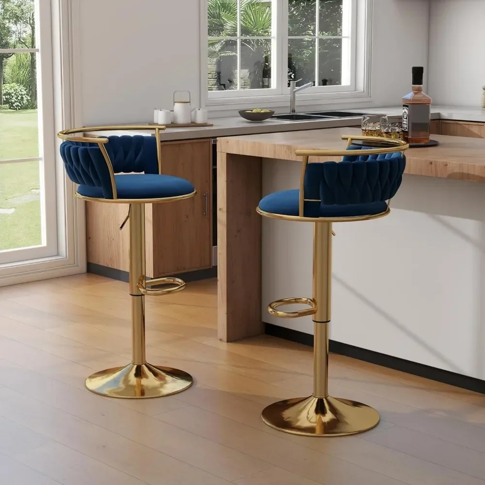 360° Swivel Bar Stools, Modern Adjustable Counter Height Velvet Bar Chair Gold Metal Stool