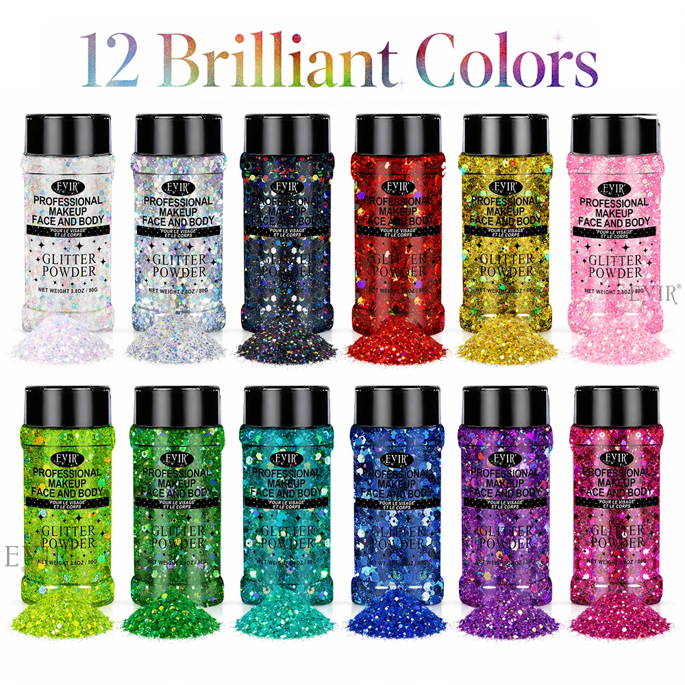 EYIR 12 Colors Holographic Chunky Glitter 50g Bottles Iridescent Glitter Flakes for Epoxy Resin Tumblers Christmas Crafts DIY