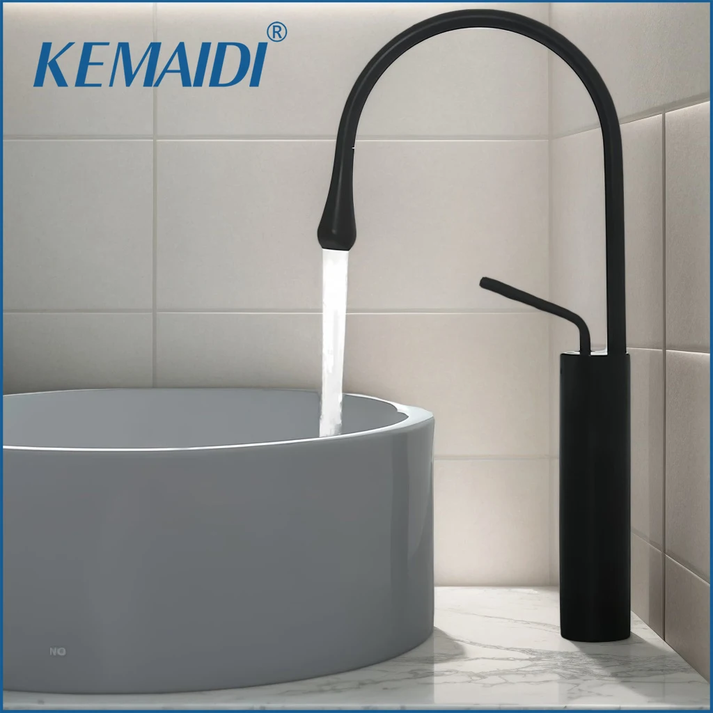 

KEMAIDI матовый золотой смеситель для раковины с высокой аркой и длинным вылетом, гусиная шея, дизайн, смеситель для ванной комнаты, горячий и холодный