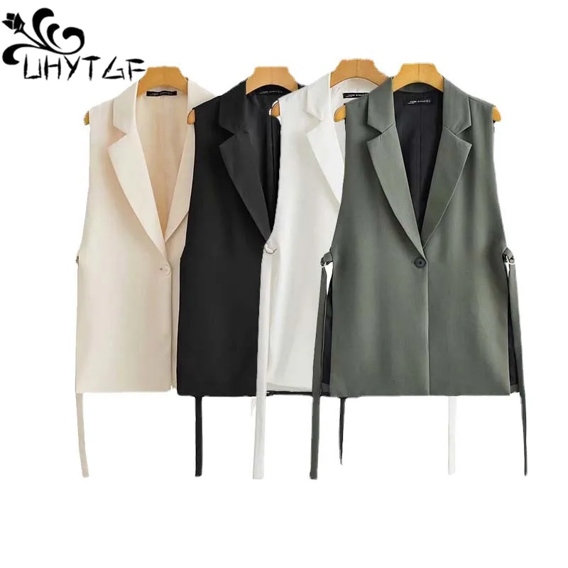 

Women Fashion With Taps Side Vents Waistcoat Vintage Sleeveless Front Button Female Outerwear Chic Vest Tops 3029