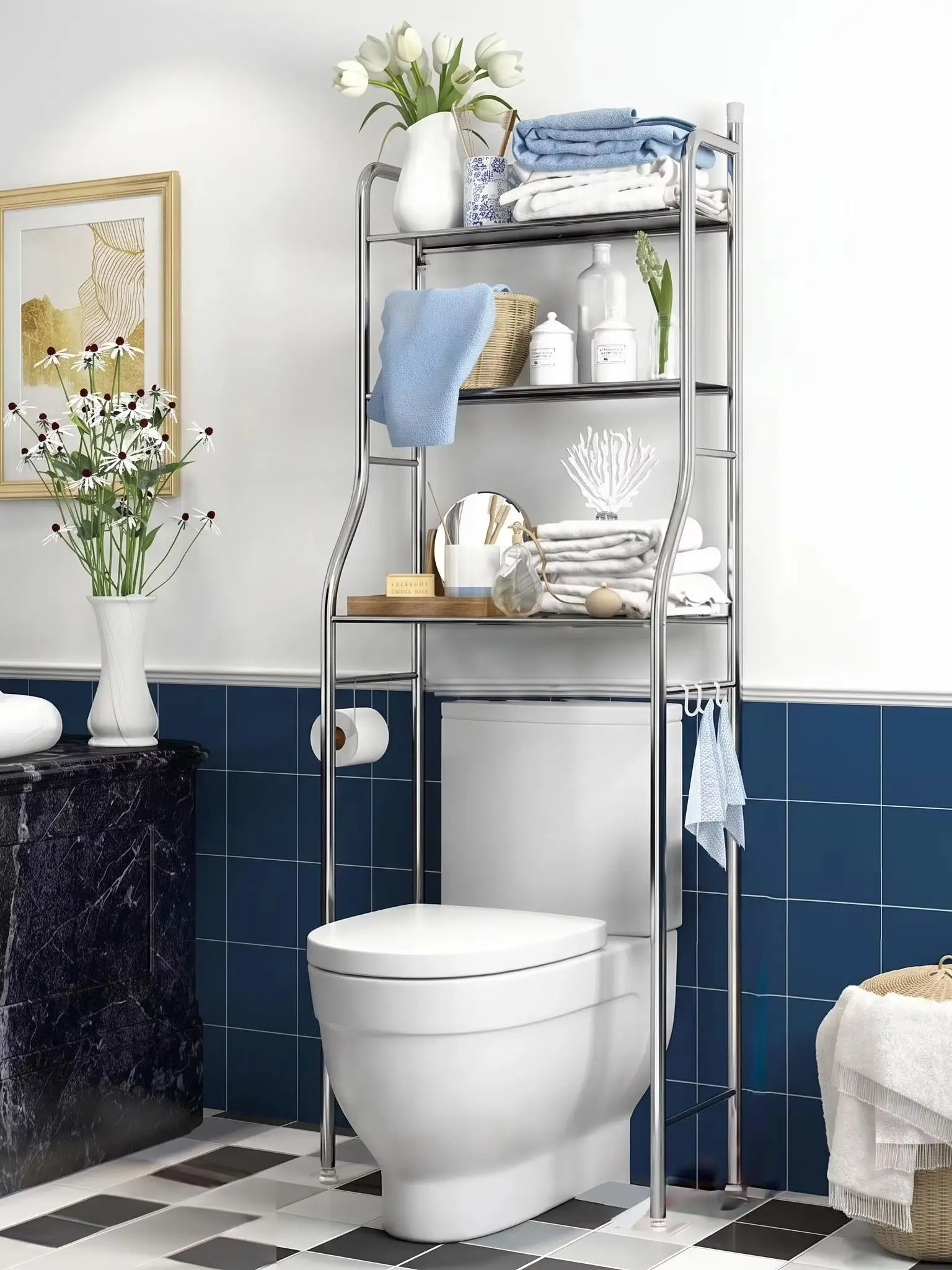 HiMiss Über-WC-Aufbewahrungsregal, 3-stöckiges Badezimmer-Organizer-Regal aus Edelstahl mit Haken und Papierhalter für Waschküche und Toilette