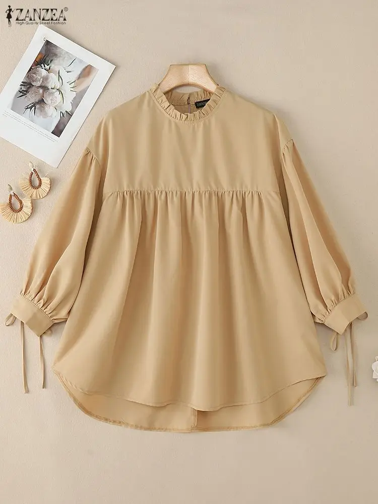 ZANZEA 패션 여성 긴팔 탑 2025 가을 블라우스 캐주얼 O넥 루즈 셔츠 여성 우아한 오피스 워크 블라우스 오버사이즈