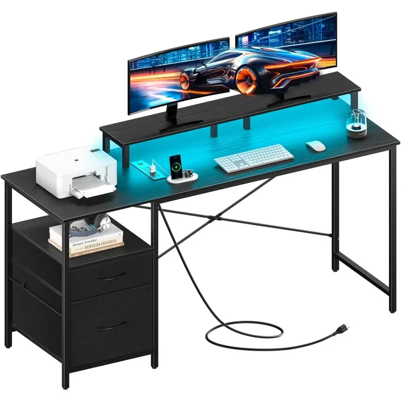 

Computer Desk, Gaming Desk with LED Lights & Power Outlets, Office Desk with Fabric File Cabinets, 55.1" Gaming Table with Long