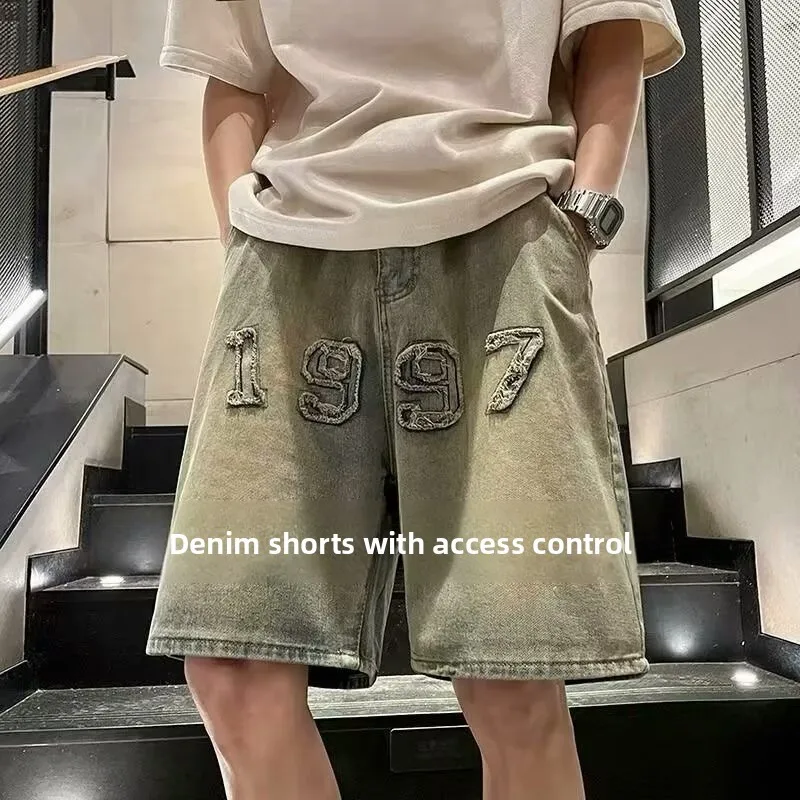 

Waed Vintage Yellow Clay Color Men's orts Summer Loose Five-Quarter American High Street Trendy Jeans Cotton Canvas