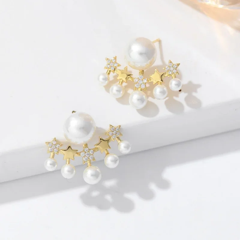 Sweet Crystal Star Radial Imitation Pearl Stud Earrings for Women Punk Geometry Jewelry Accessories Girlfriend Gift