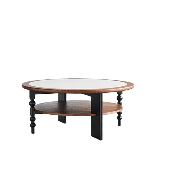 

French retro solid wood round coffee table, living room household small apartment small coffee table