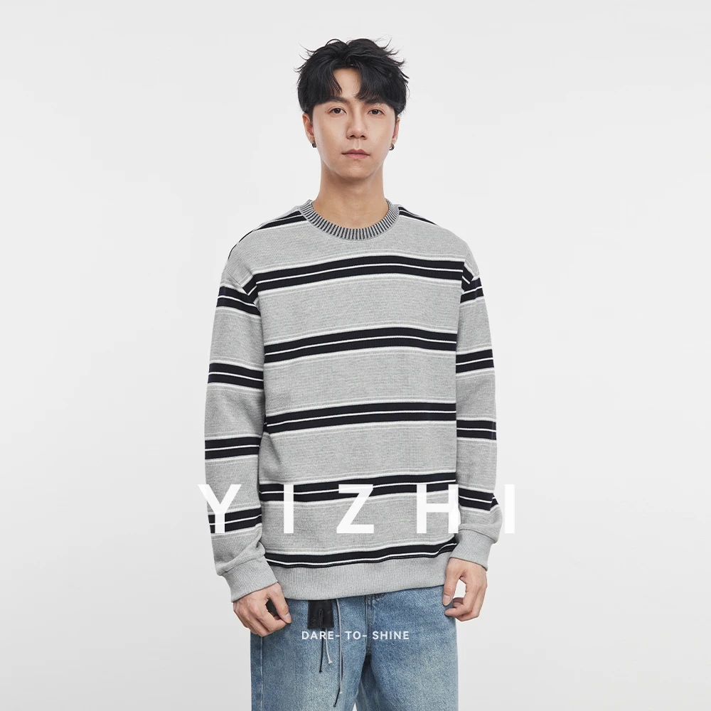 موضة الرجال الثقيلة الجولة الرقبة مخطط كم طويل البلوز 2025 الخريف والشتاء عادية فضفاض كم طويل بلوزة رجالية #4