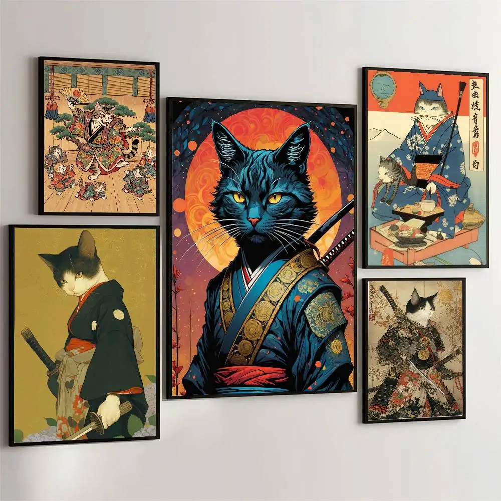 Vintage Ukiyo-e Funny Samurai Cat Poster Art Sticky Wall Waterproof Home Living Room Bedroom Bar Aesthetic Decoration