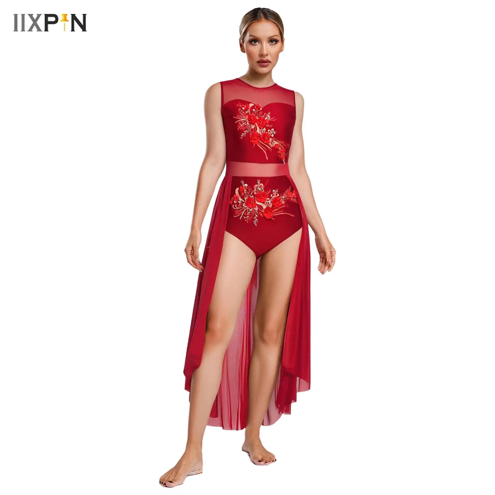 

Women Contemporary Lyrical Dance Dress Sleeveless Three-Dimensional Applique Flower Embroidery Cutout Back Overlay Flowing Dress