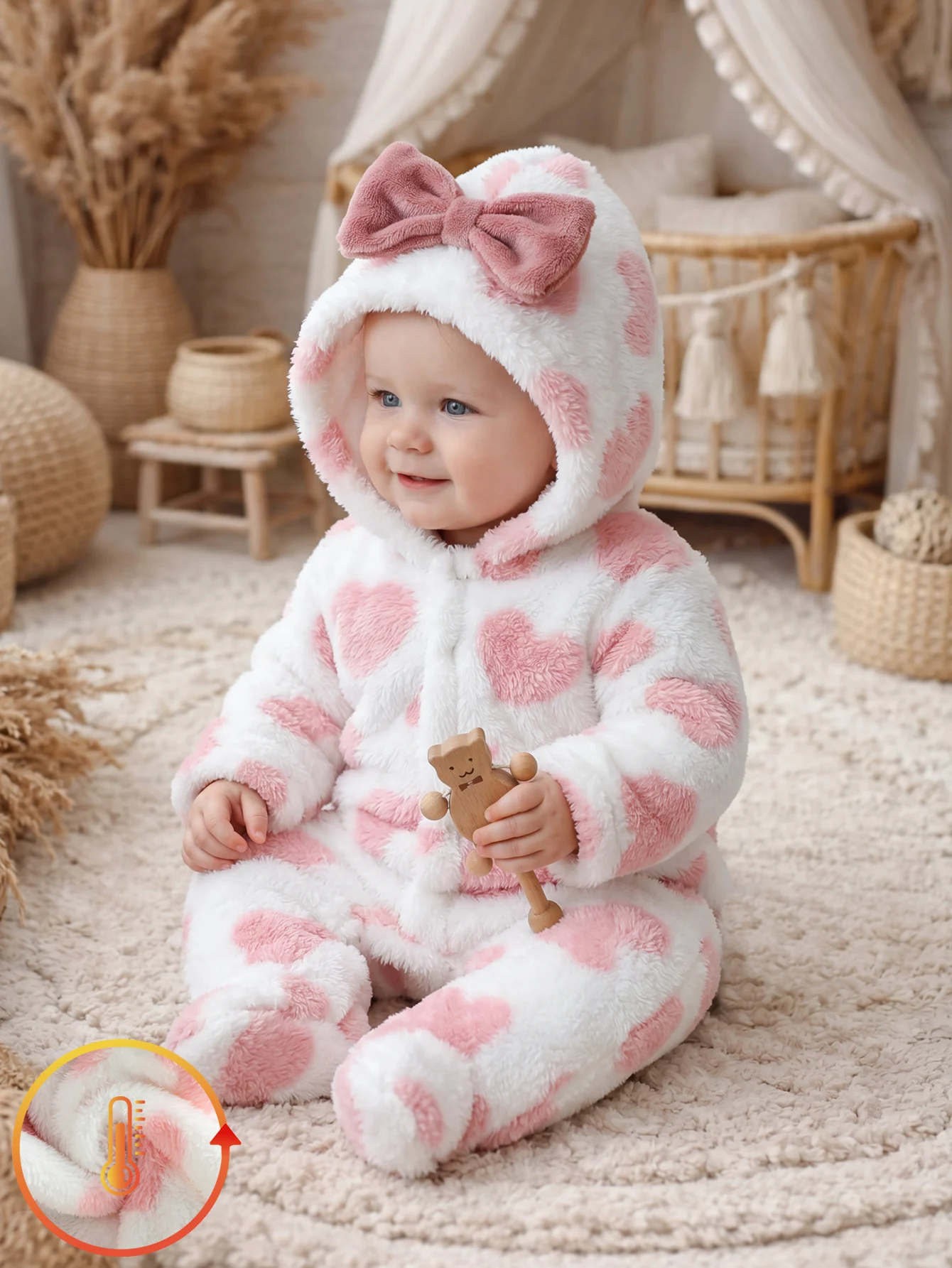 Heart‑print winter baby onesie, fleece‑lined with bow hood, soft & warm for baby cold‑weather wear