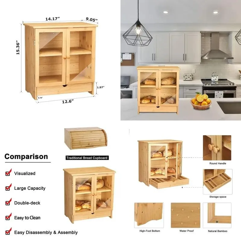 Bamboo Solid Wood Double Layer Bread Display Box Kitchen Food Storage Cabinet with Drawer