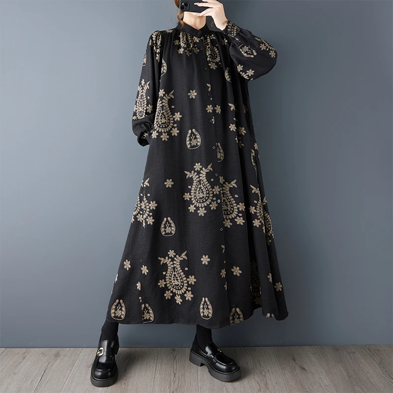 秋ファッション 大きいサイズ イルト ドレス スタンドカラー プリント プリーツ スプライシング ミディ丈 イルト ドレス コットン ポリエステル ロングスリーブ
