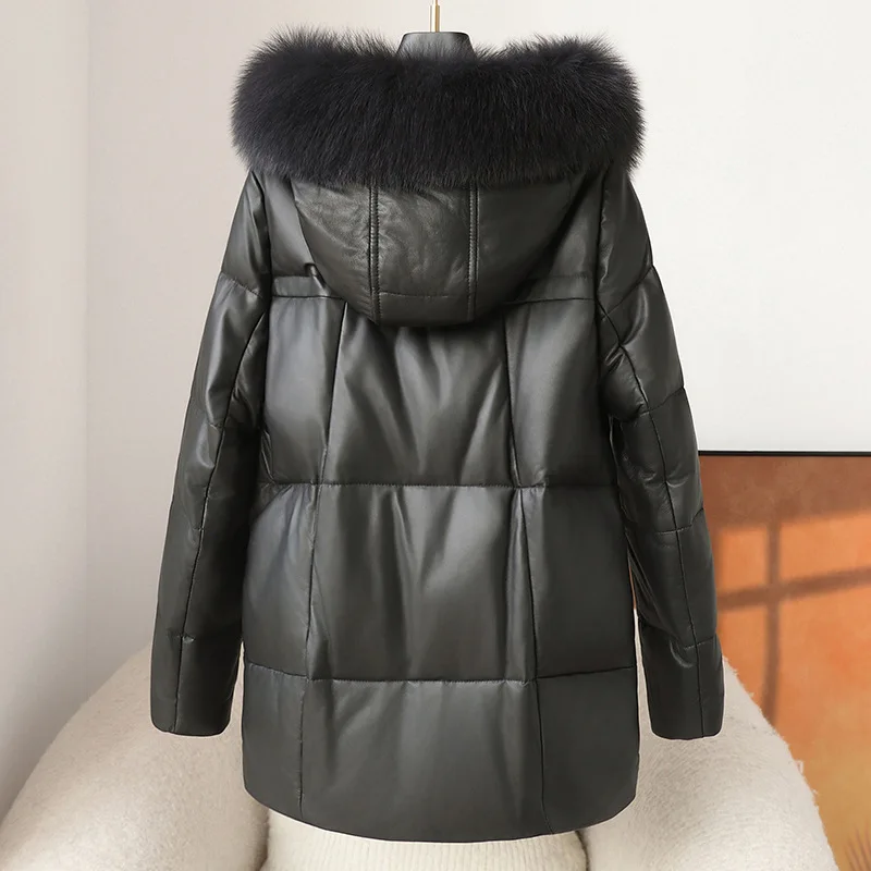 2026 High-quality Sheepskin Down Jacket Women's Goose Down Leather Overcoat Winter Fox Fur Collar Thicken Hooded Loose Outerwear