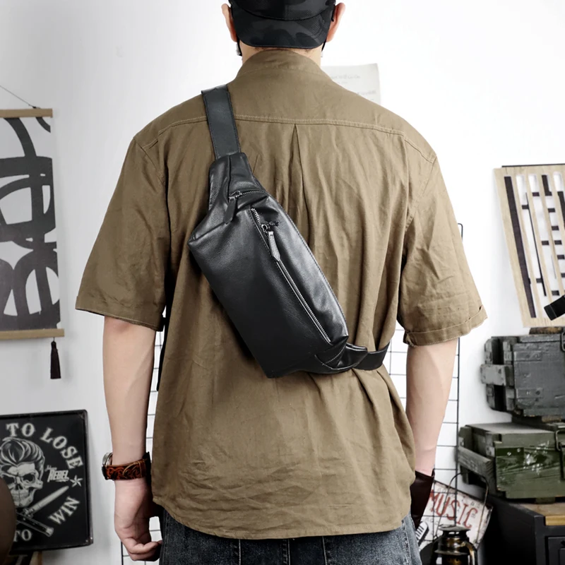 Fashion Genuine Leather Men's Chest Pack Shoulder Bag Messenger Sling Bag Small Leisure Bag Crossbody Black