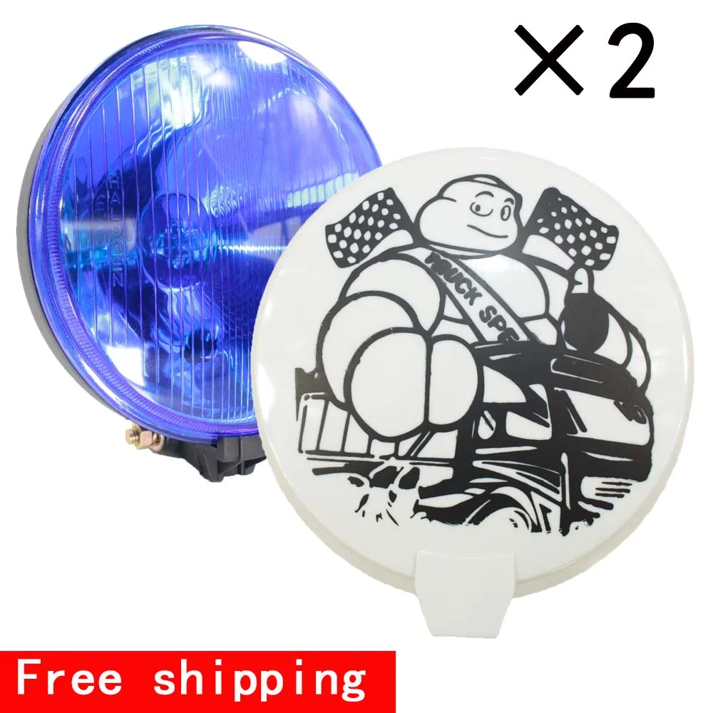 Universal Genuine Round Fog Lamp Bliue Glass + Cover with Bulb Halogen Pilot 2PCS