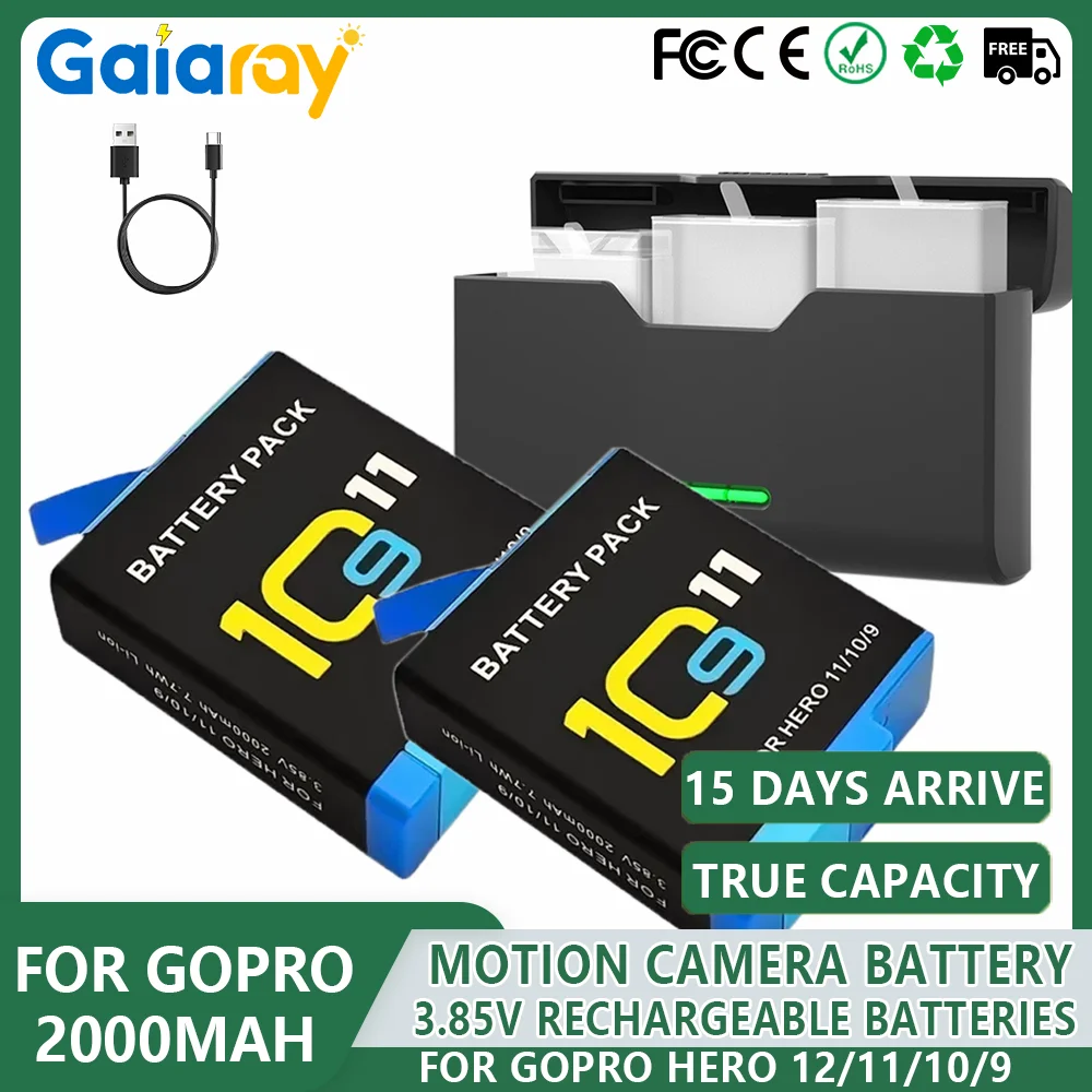 

1-5pc 2000mAh Battery For GoPro 12 11 10 9 Motion Camera & 3-slot Fast Charger Box TF Card Storage For GoPro Battery Accessories
