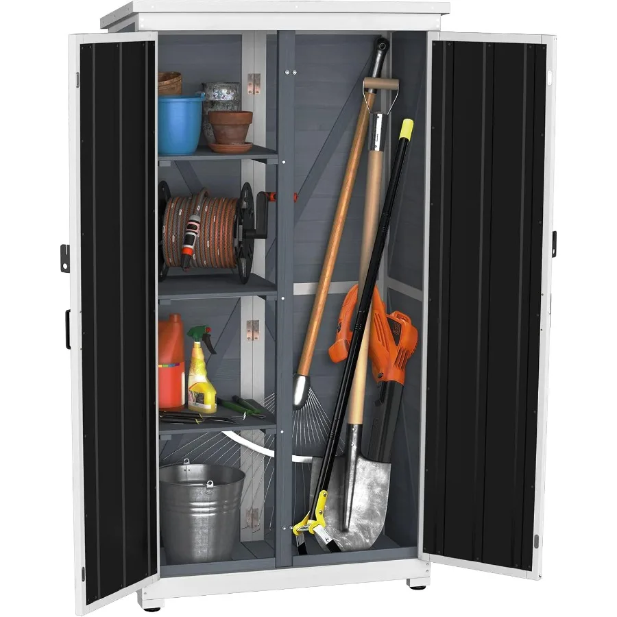Outdoor Storage Cabinet for Garden Use, Wood and Metal Construction, Gray Finish, Weather-Resistant Tall Tool Organizer