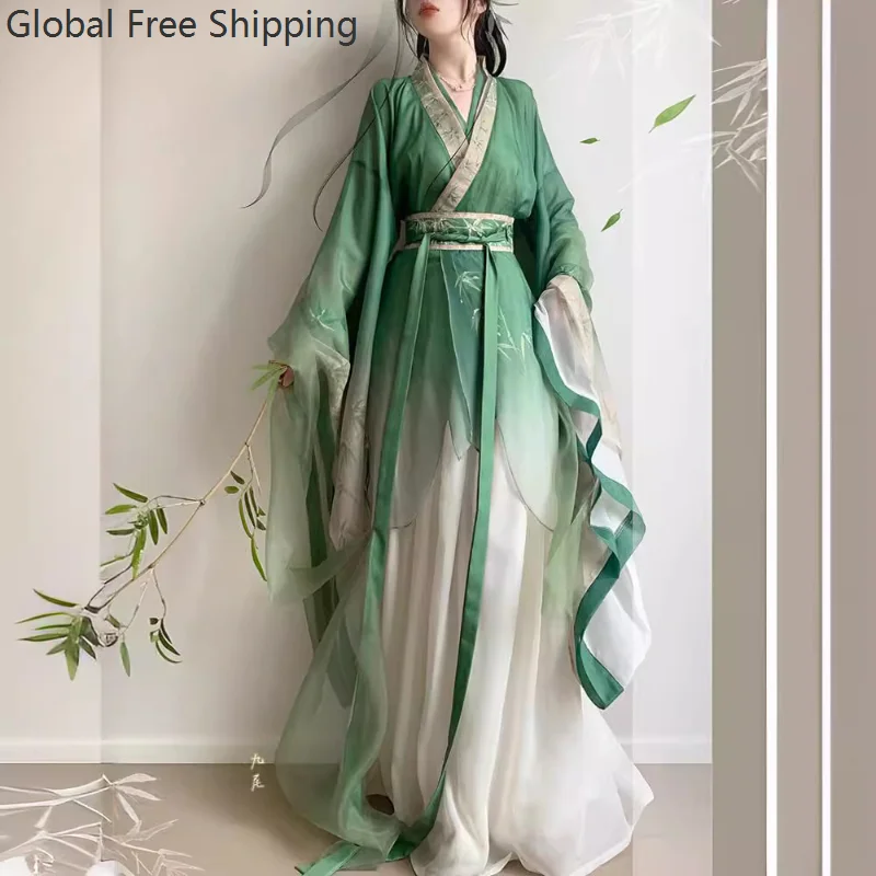 

Chinese Hanfu Costume Women Carnival Lady Cosplay Party Costume Ancient Traditional Retro Summer Bamboo Green And White Hanfu