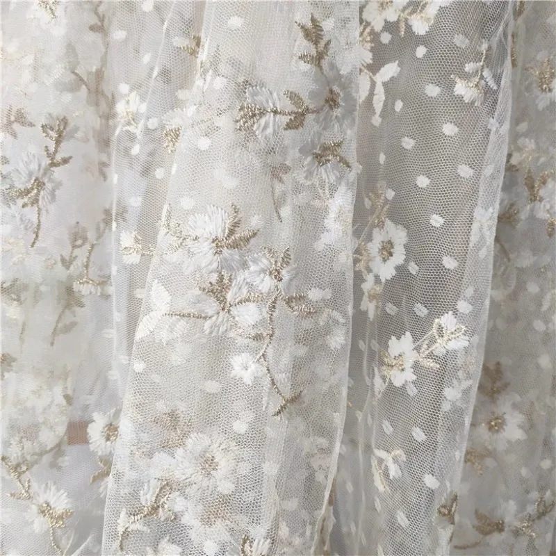 White Polka Dot Mesh Embroidered Flowers Lace Fabric Tulle Fabric for Wedding Dress Skirt