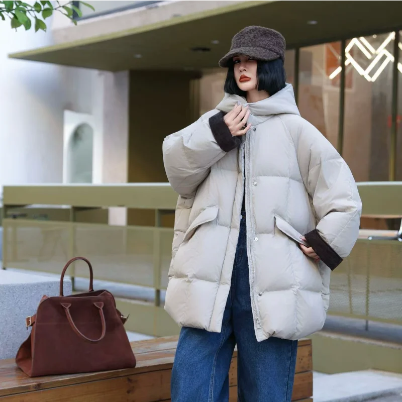 المرأة منتصف طول أسفل سترة 2025 خريف/شتاء جديد وصول فضفاضة تناسب مقنعين موضة عادية المتضخم سميكة معطف دافئ #1