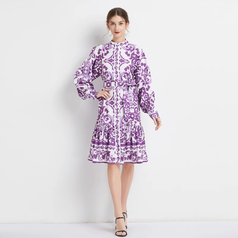 

A-line Retro Waist Cinched Long Sleeved Single Breasted Mid Length Printed Dress Chiffon Breathable Japanese Women's Summer 2025