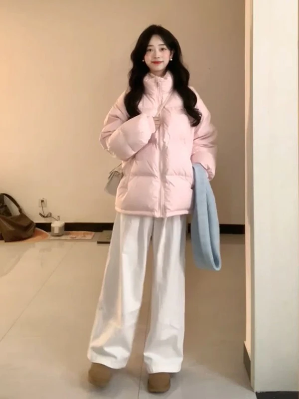

Pink Stand Collar Cotton Jacket Women's Fashionable Trendy Warm Bread Style Coat Sweet College Style Thickened Long Sleeve