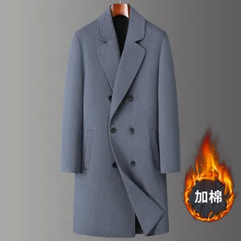 Men's Double-Breasted Wool Coat 3 2024 Winter New Men's Medium to Long Woolen Coat with Thick Velvet and Warm Double breasted Casual Coat 3