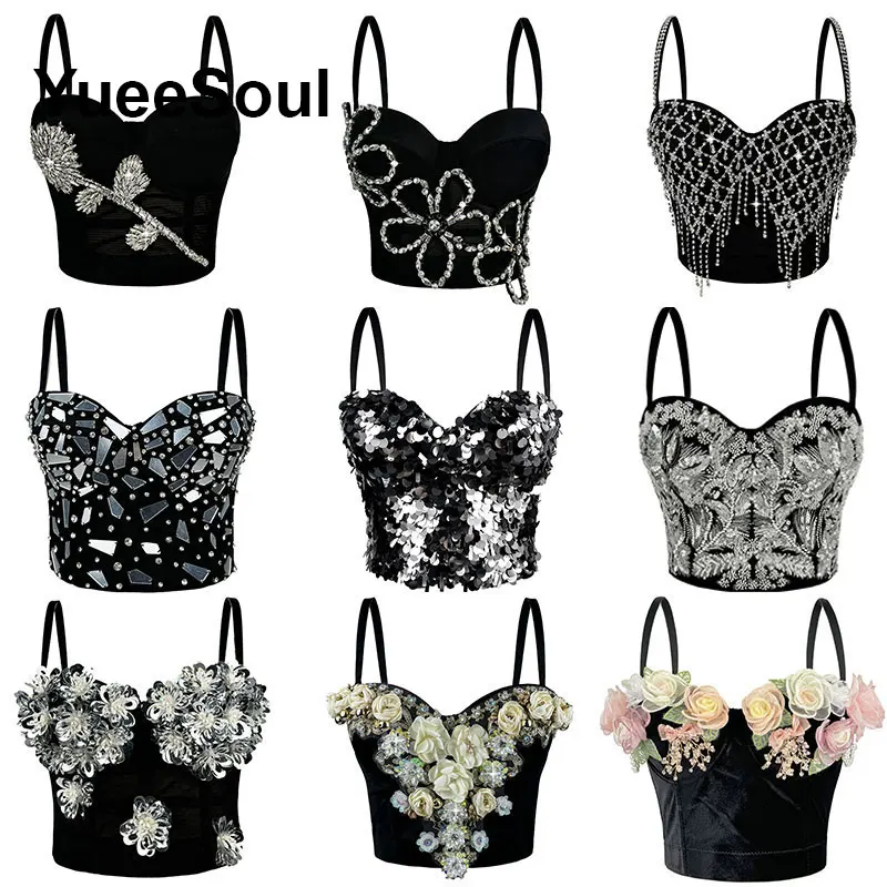 Black Crop Tops Floral Rhinestone Tassel Chain Sequins Corset Camis 2026 Gothic Y2K Party Club High Street Bustier Woman Clothes