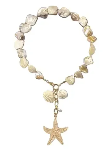 

Classic Gold Starfish Necklace Stainless Steel Irregularly Beaded Shell Necklace for Women Summer Vacation Jewelry Gift